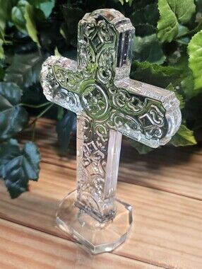 Clear Glass Filigree Cross Figurine Freestanding Religious Decor 8" tall